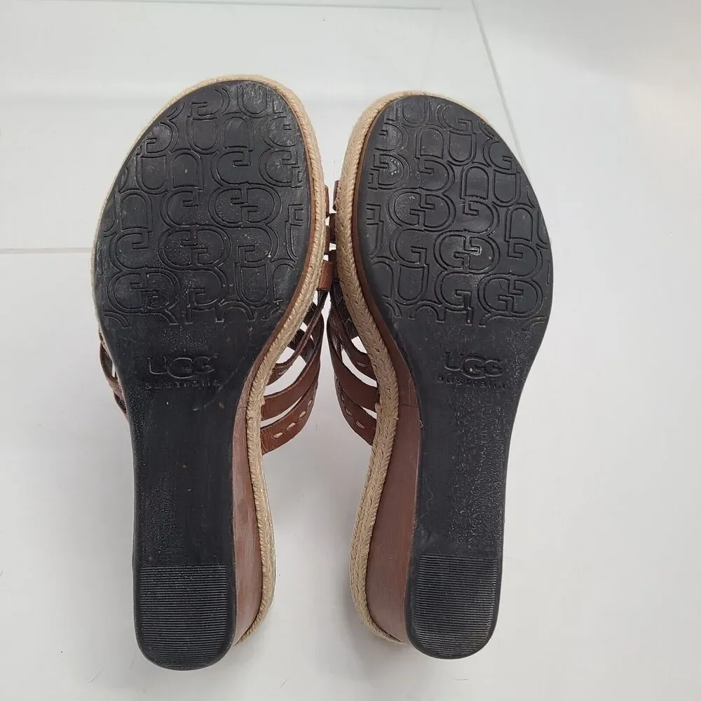 UGG BROWN ADDYSON LEATHER WEDGE PLATFORM SANDALS OPEN TOE WOMENS SIZE 10